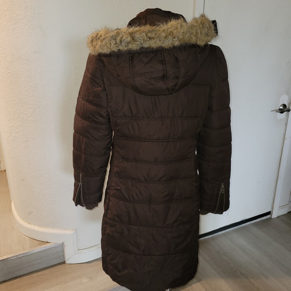 MOSSIMO Puffer Coat Brown Quilted Longline Padded Winter Jacket Warm Fur hood S - Picture 6 of 12
